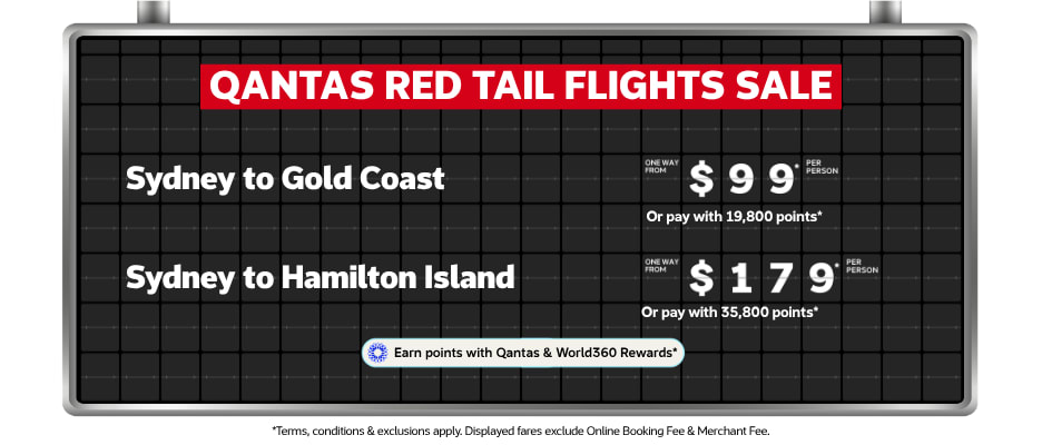 Qantas Red Tail flights sale Sydney to Gold Coast one way from $99 and Sydney to Hamilton Island one way from $179 per person