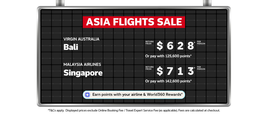 Aircraft tail against airport backdrop for Flight Centre Asia flights sale featuring return flights from Bali $628 and Singapore $713