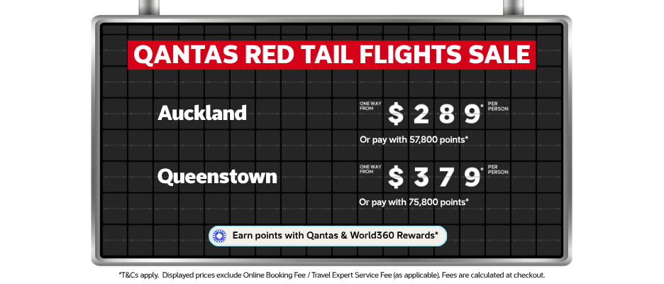 Airport-style flip board featuring Qantas Red Tail Flights Sale with one-way flights to Auckland from $289 and Queenstown from $379 per person