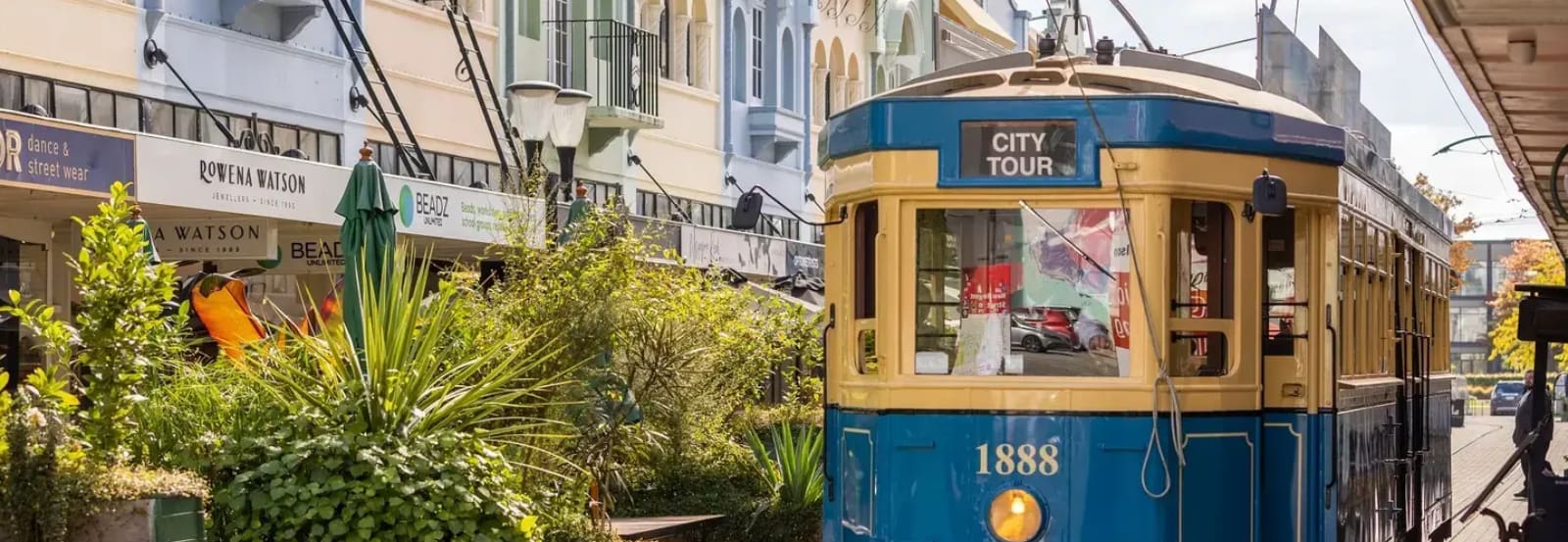 A tram passes through a pretty side street in Christchurch