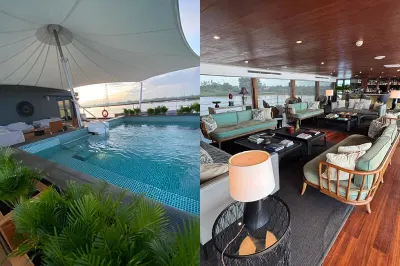 Though modest in size, the Aqua Mekong still delivers plenty of comforts, including a plunge pool alongside an inviting sun deck (L), and relaxation lounges (R), perfect for unwinding.