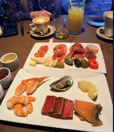 A seafood and charcuterie lunch at Palo restaurant aboard the Disney Adventure.