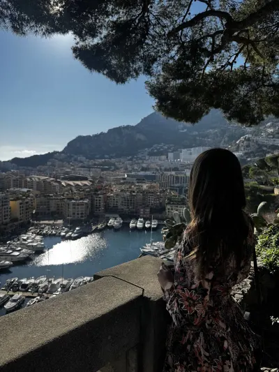 A view over Monaco’s yacht-filled harbour from a shaded lookout on the French Riviera.