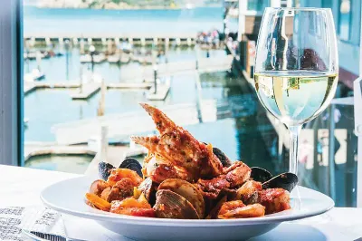 seafood dish overlooking pier