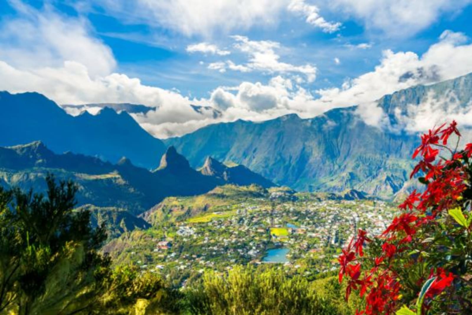 Landscape with Cilaos town in Cirque de Cilaos, La Reunion island