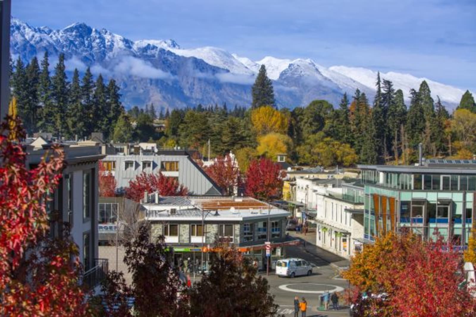 Autum in Queenstown, all tree leaf's turned brown and snowy mountains in background