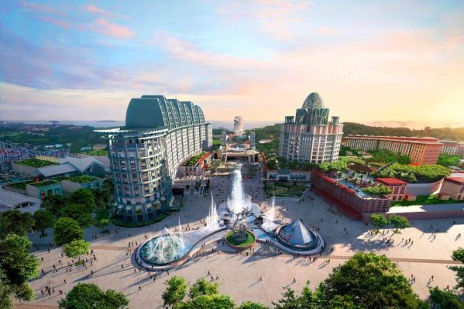 Aerial view of Universal Studios with water fountains pushing water in air