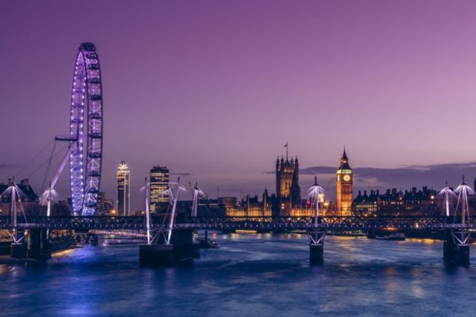 Distant Night view of House of Parliament and the London Eye