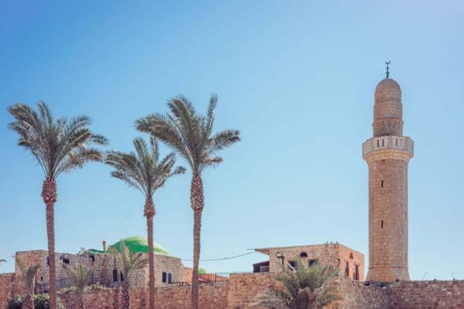 Old building tower made out of bricks next to palm trees, Jaffa