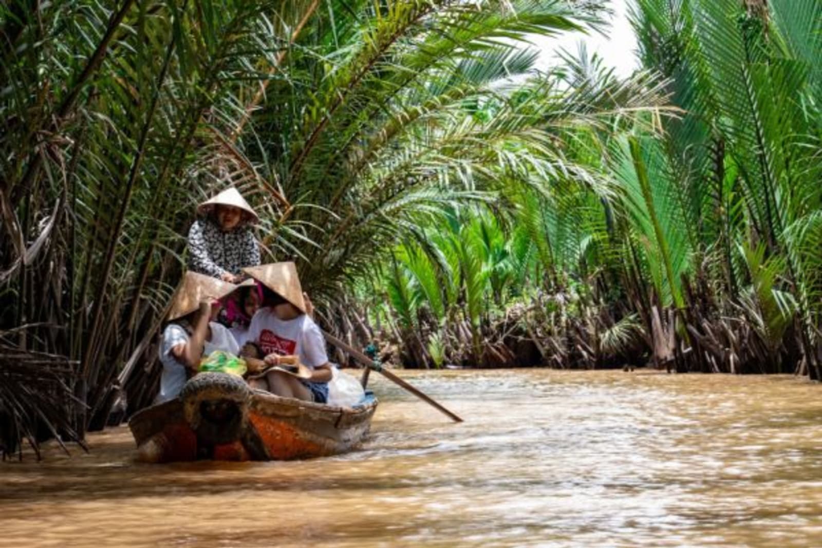 People canoeing on brown river covered with leaves