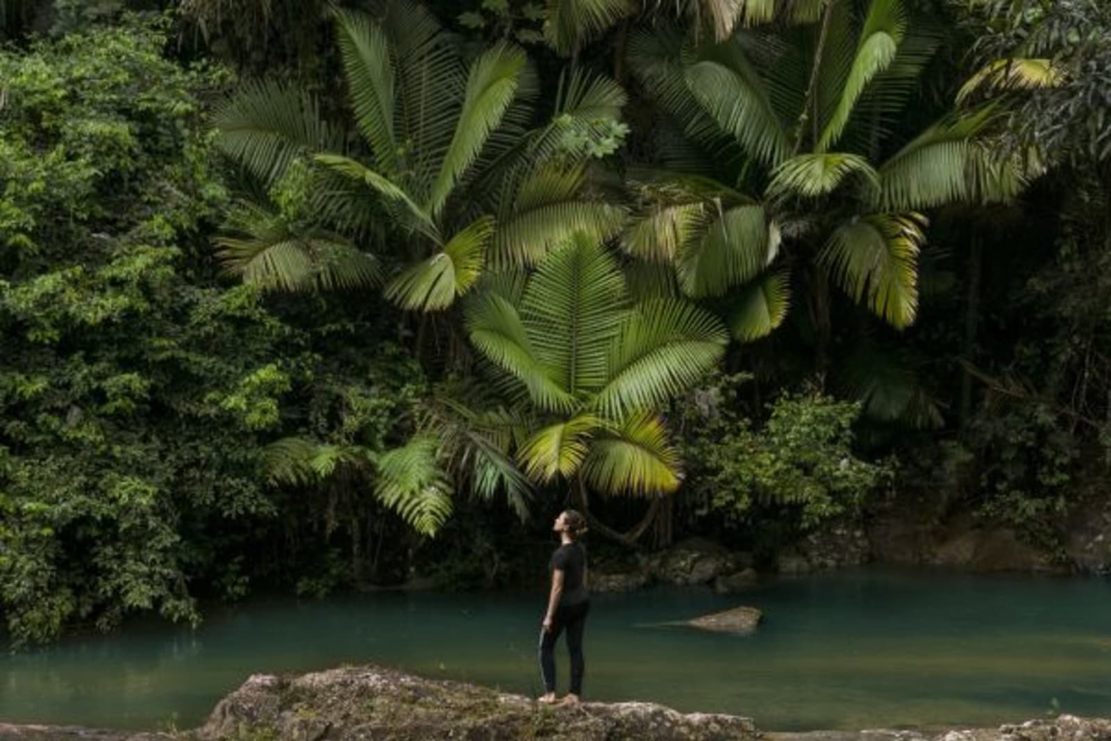 Woman standing on a rock next to a lake with greenery in the background
