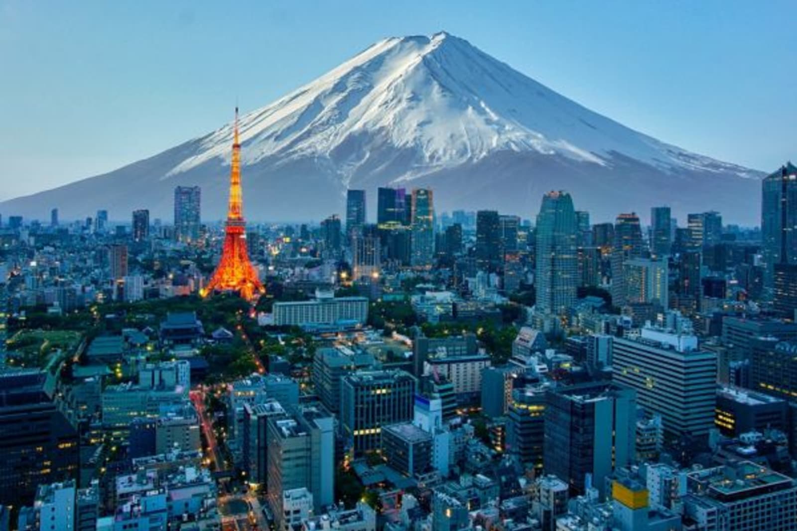 Tokyo skyline, Tokyo tower is lite up and mount Fuji in the background
