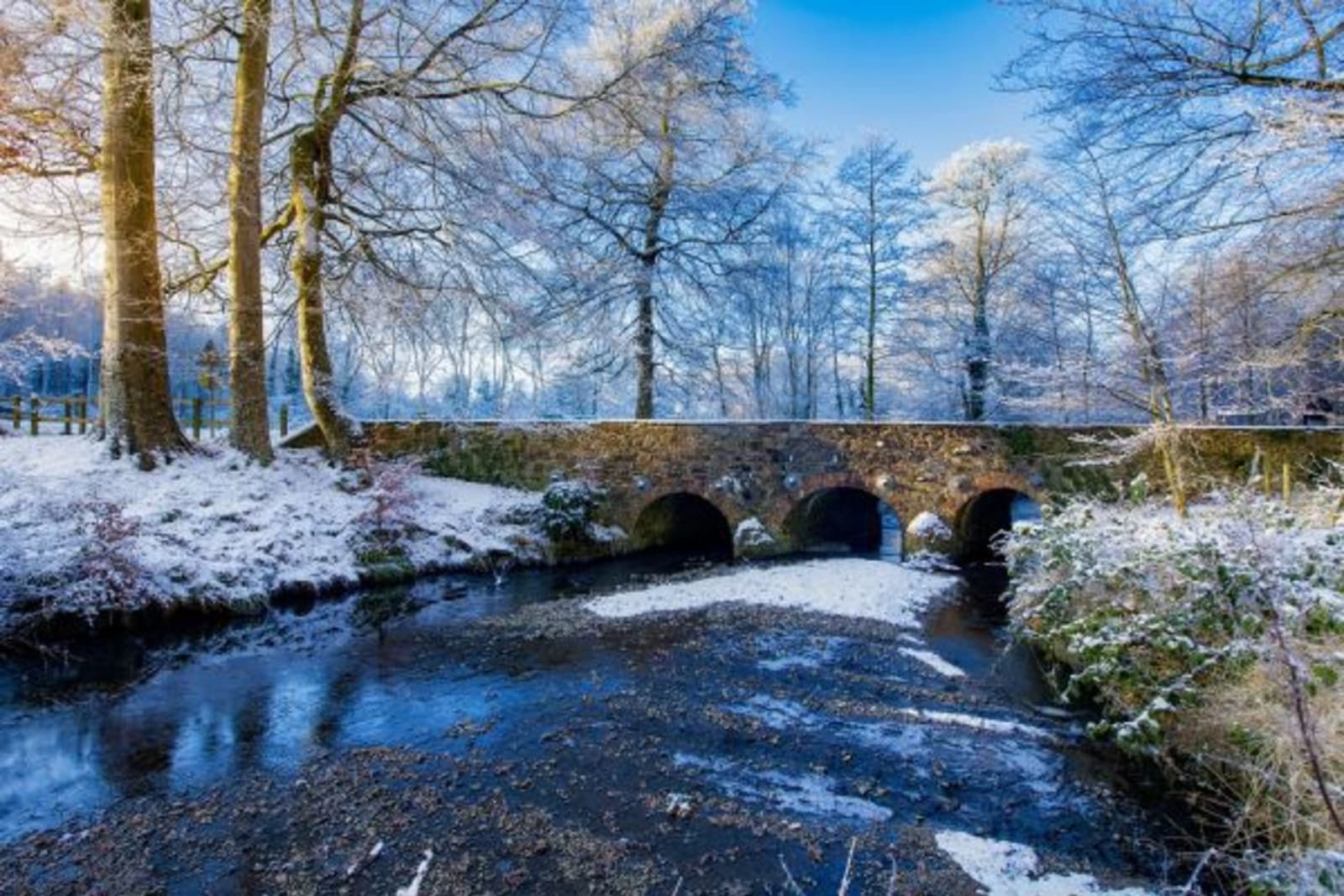 Bridge over an icy river surrounded by snow covered trees and ground