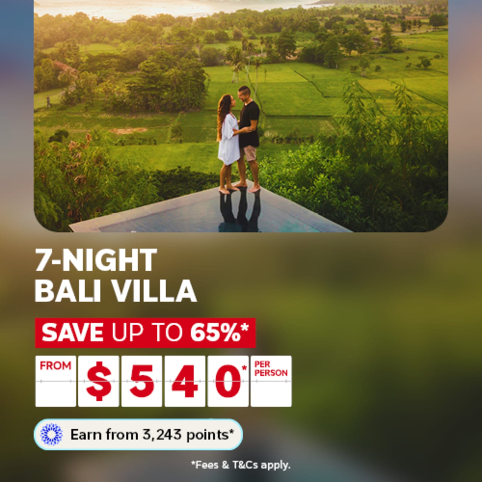 Couple embracing at the edge of a reflective platform overlooking lush, green fields featuring a 7-night Bali villa from $540