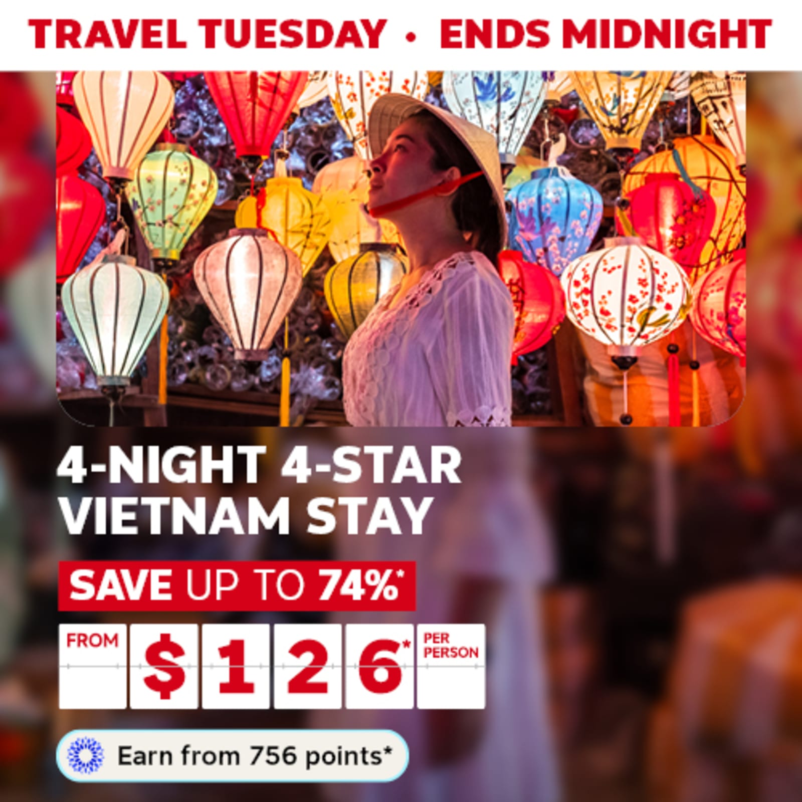 Travel Tuesday - ends midnight | 4-night 4-star Vietnam stay. Save up to 74%* - from $126* per person | Earn from 756 points*