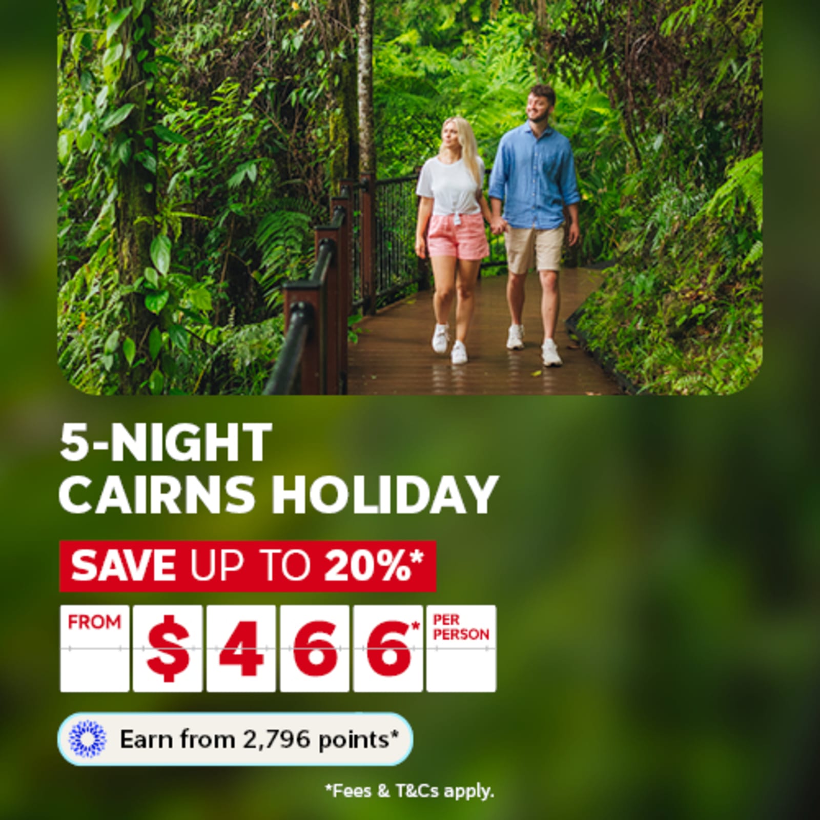 Couple walking through a lush jungle holding hands featuring a 5-night Cairns holiday from $466
