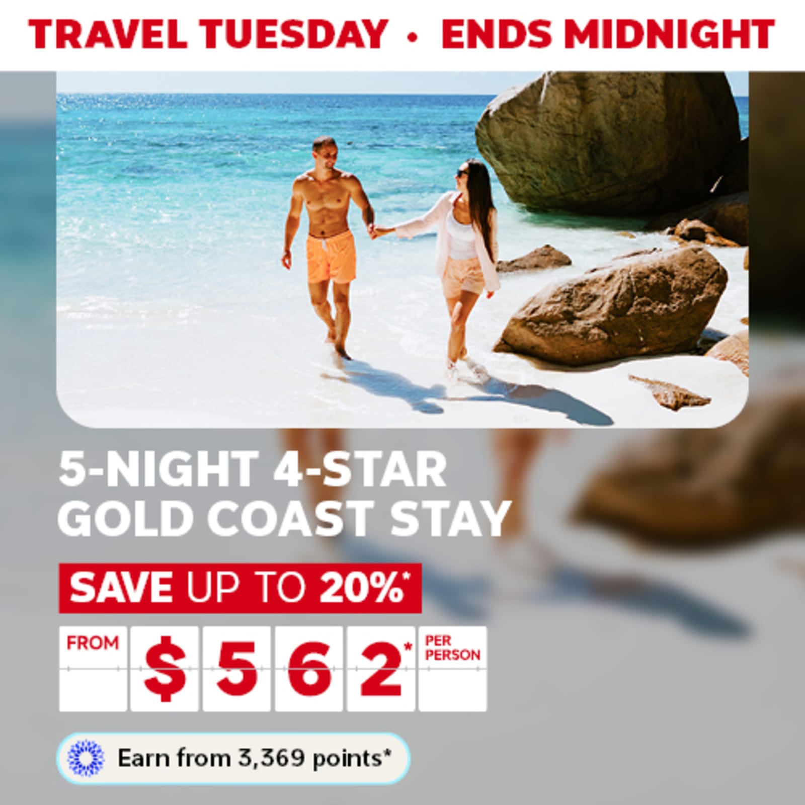 Travel Tuesday - ends midnight | 5-night, 4-star Gold Coast stay. Save up to 20%* - from $562* per person | Earn from 3,369 points*