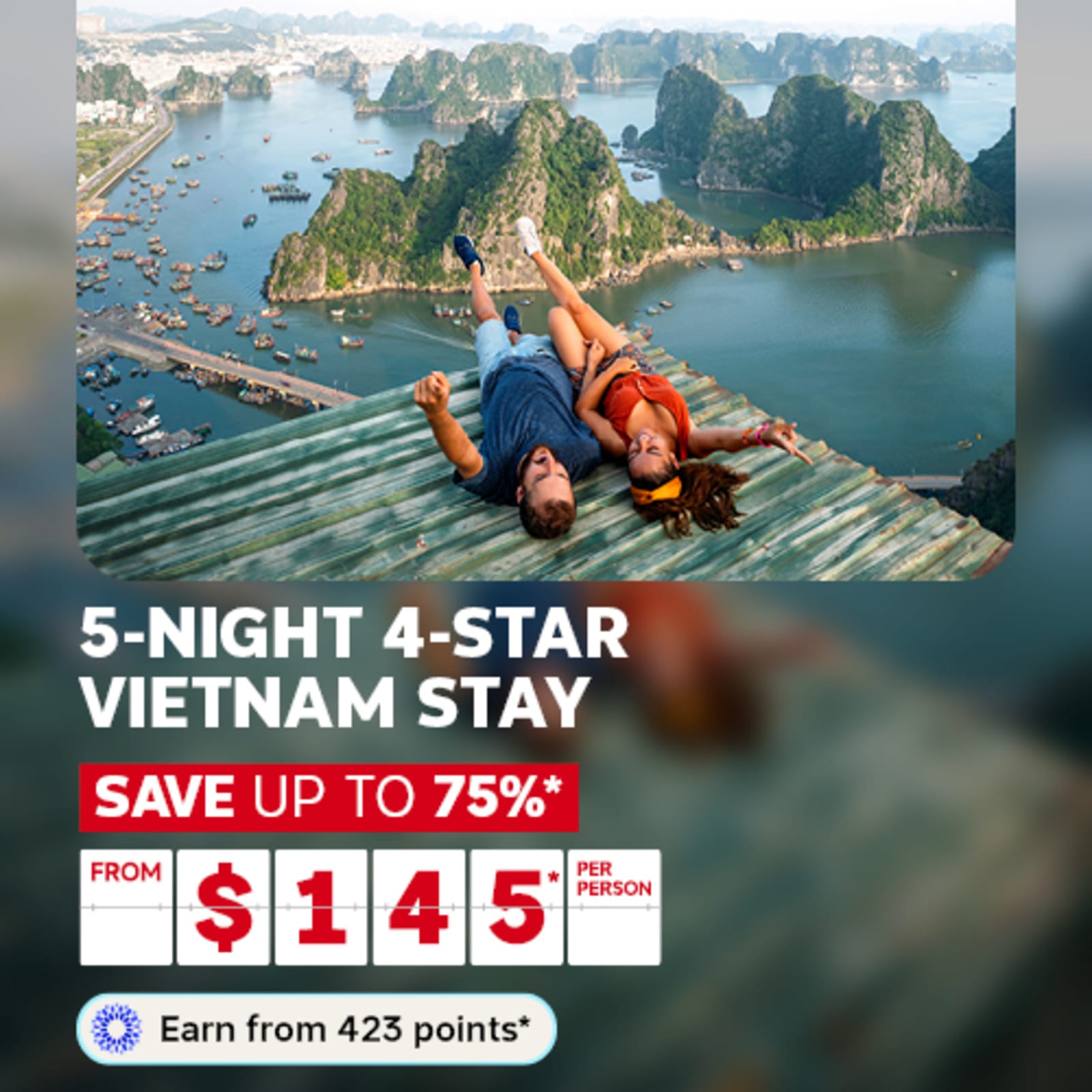 Two people lying on a steel roof overlooking Ha Long Bay Vietnam | 5-night 4-star Vietnam stay - save up to 76%* - from $285* per person. Earn from 855 points*