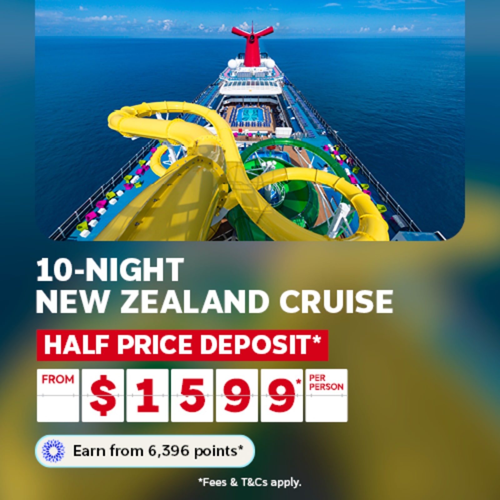 Yellow and green water slides on the deck of a Carnival cruise ship featuring a 10-night New Zealand cruise from $1,599