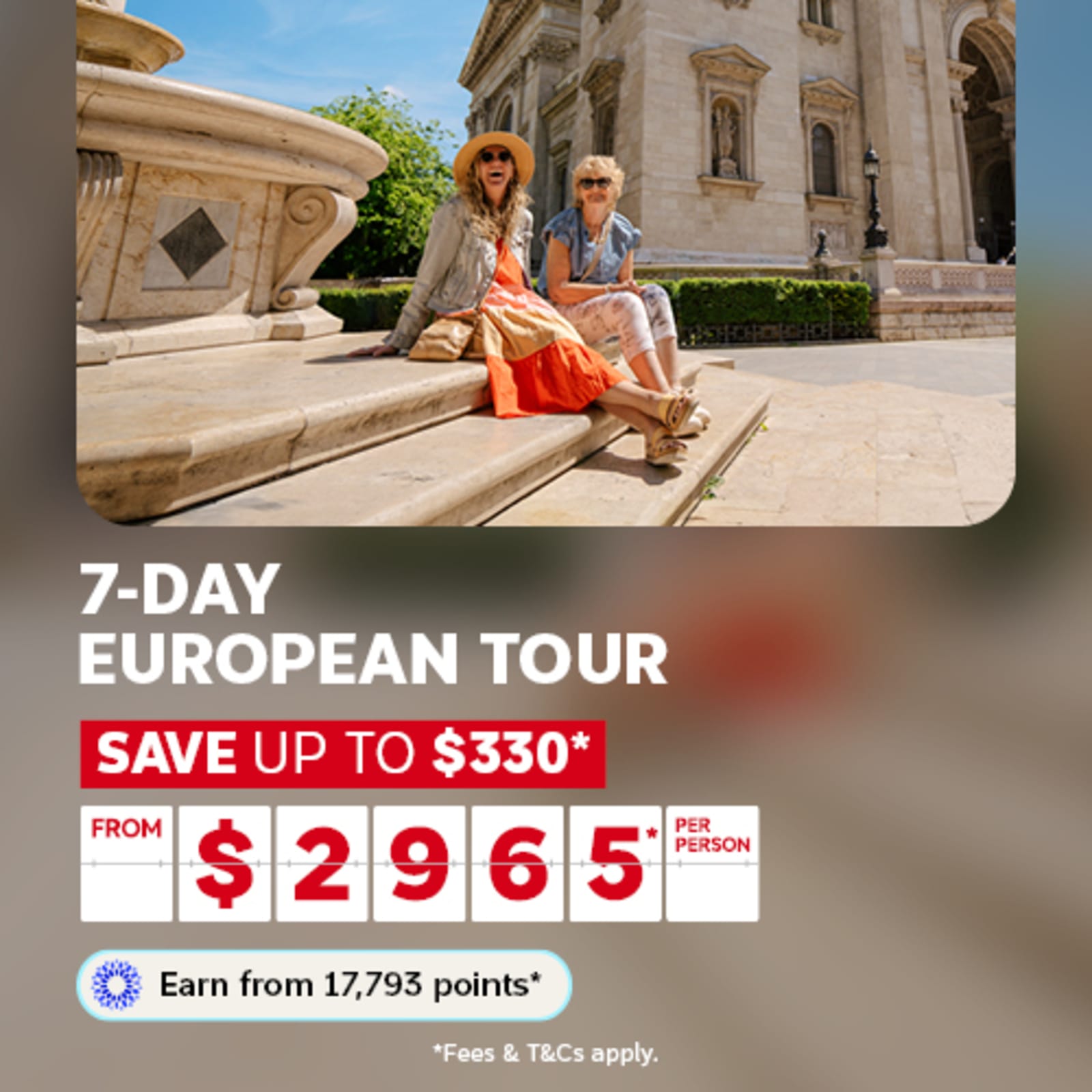 Two women sitting on the edge of a sandstone fountain featuring a 7-day European tour from $2,965
