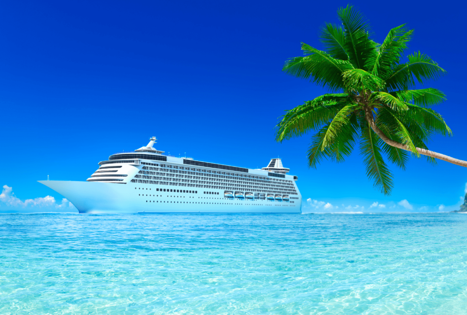 A cruise ship at anchor in sparkling clear water adjacent to a Pacific island beach