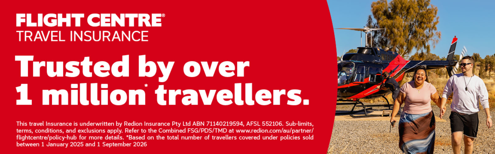 Couple walking away from a helicopter in the safari featuring Flight Centre Travel Insurance trusted by over 1 million travellers