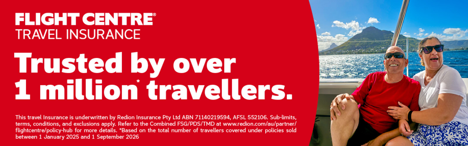 Couple smiling on a cruise yacht, celebrating Flight Centre Travel Insurance trusted by over 1 million travellers