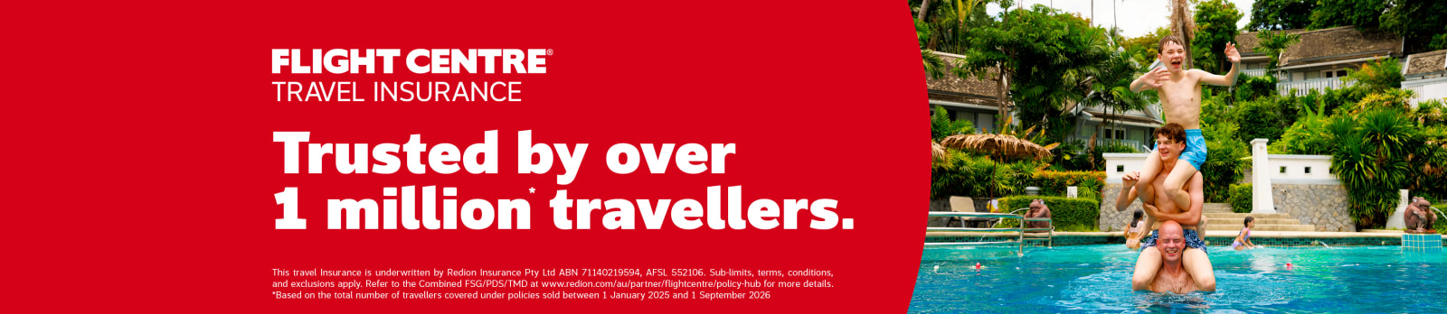 Three people stacked on top of each other in a pool featuring Flight Centre Travel Insurance trusted by over 1 million travellers