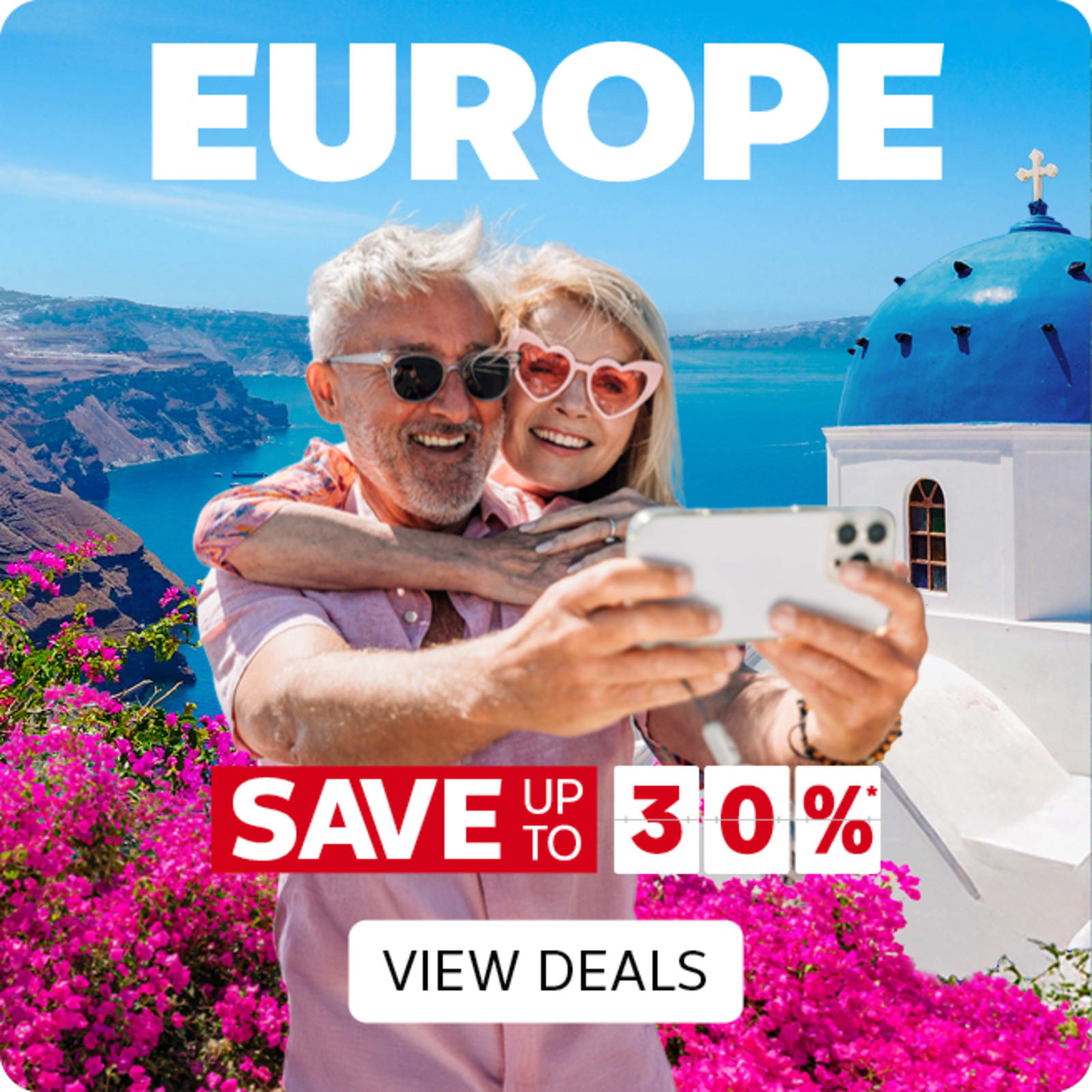 Europe - save up to 30%* | view deals. Elderly couple taking a selfie in Santorini