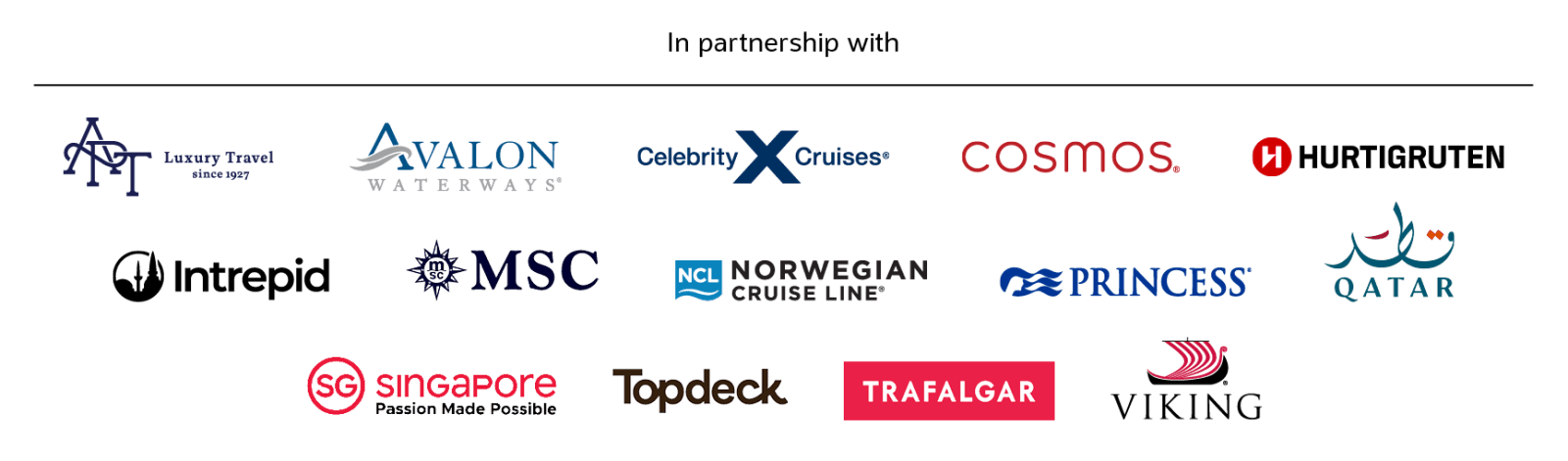 In partnership with | APT Luxury Travel, Avalon Waterways, Celebrity Cruises, Cosmos, Hurtigruten, Intrepid, MSC, Norwegian Cruise Line, Princess, Qatar, Singapore - Passion Made Possible, Topdeck, Trafalgar, Viking