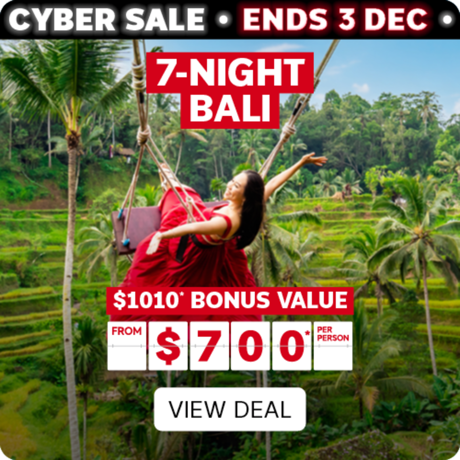 7-night Bali | $1,010* bonus value - from $700* per person | View Deal | woman in a red dress on a swing