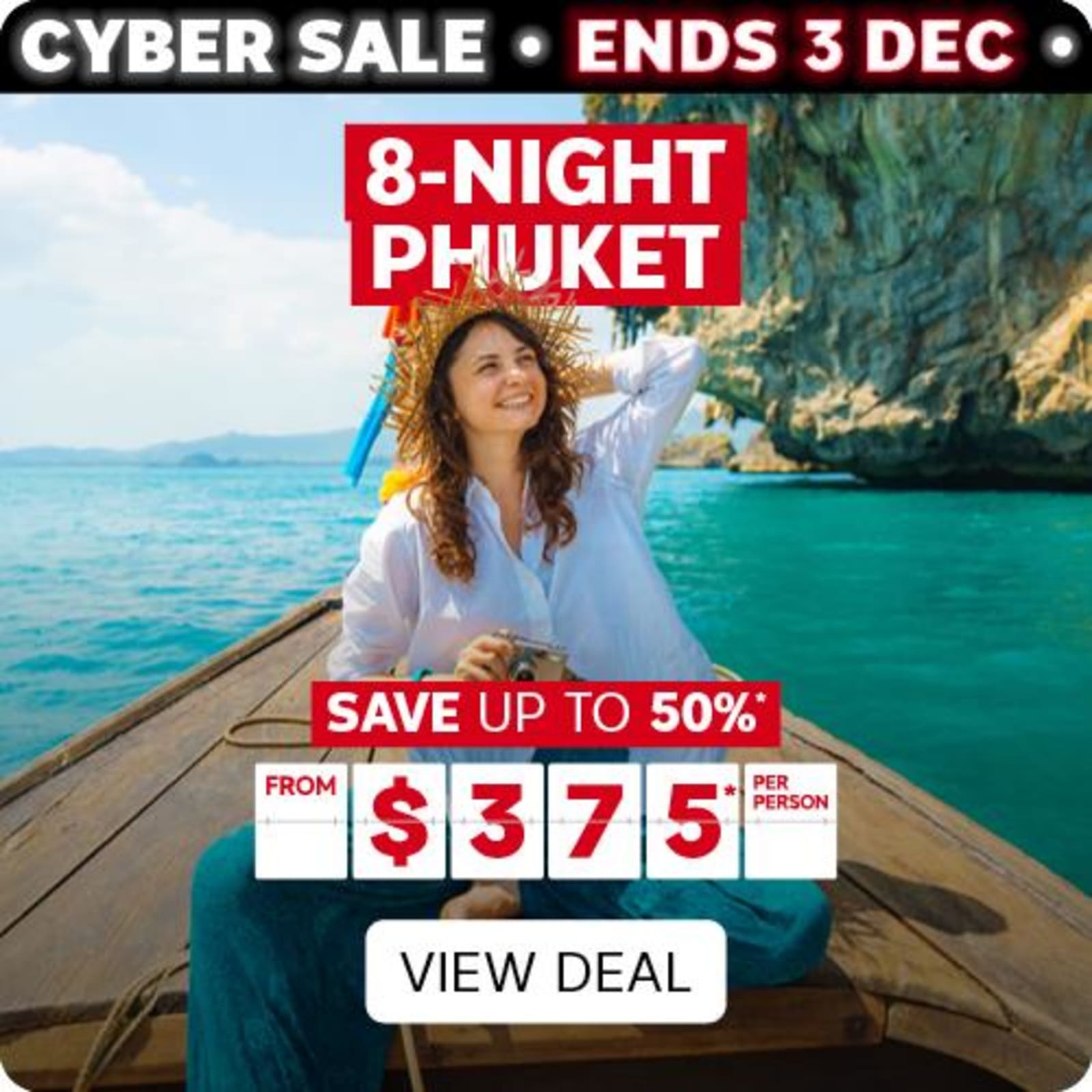 8-night Phuket | save up to 50%* - from $375* per person | View Deal | Woman sitting on a wooden boat