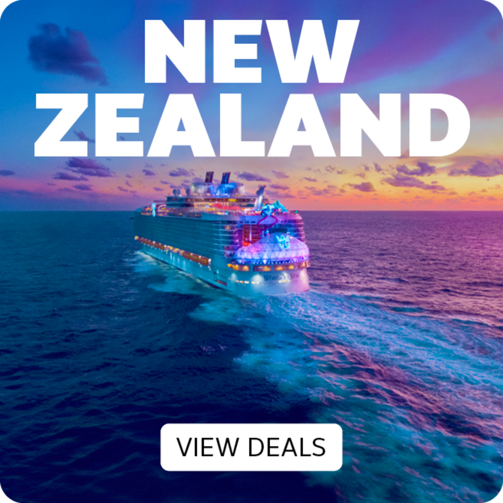 New Zealand - view deals. Cruise ship at sea at sunset