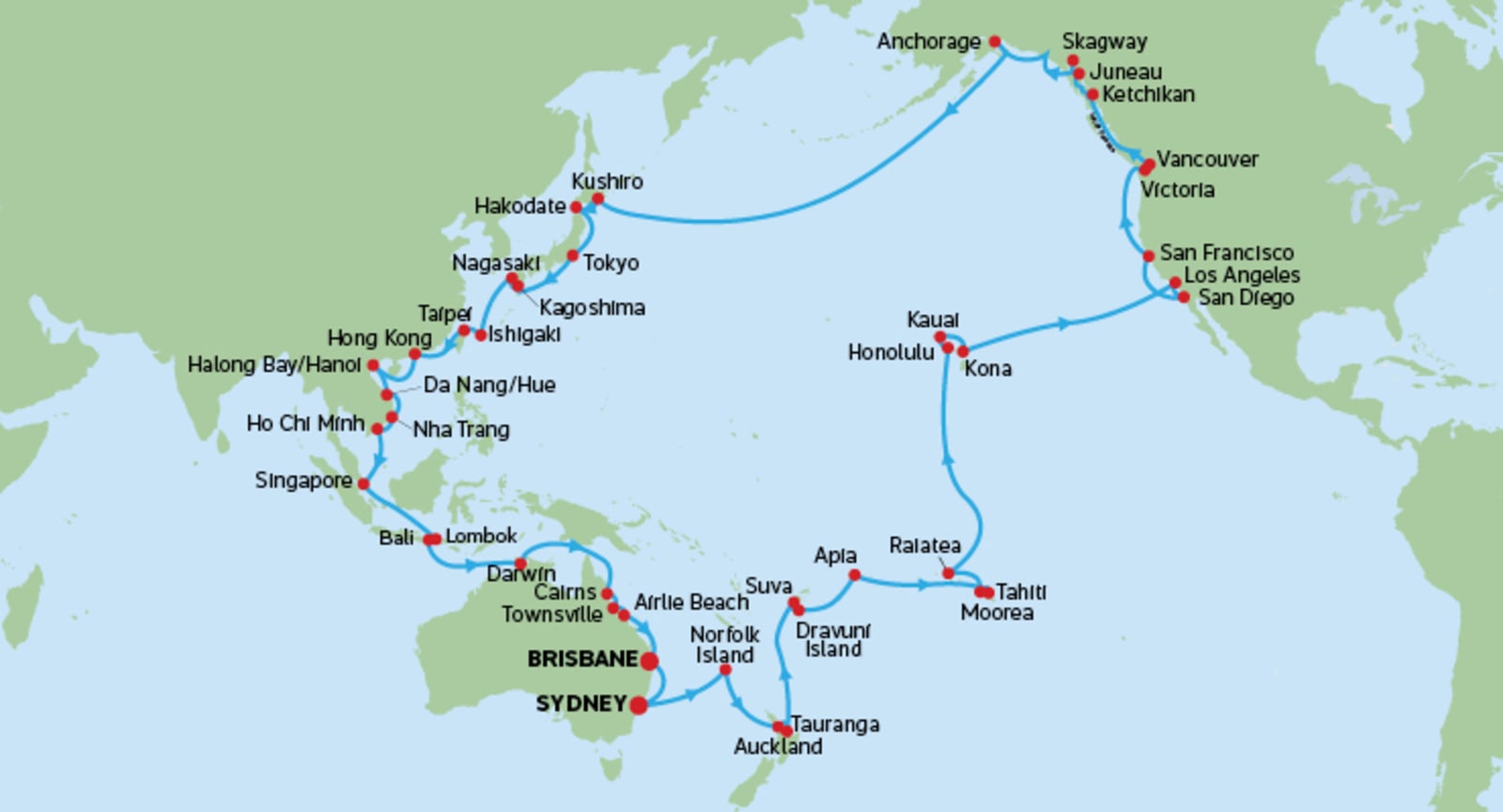 Map itinerary for Princess Cruises