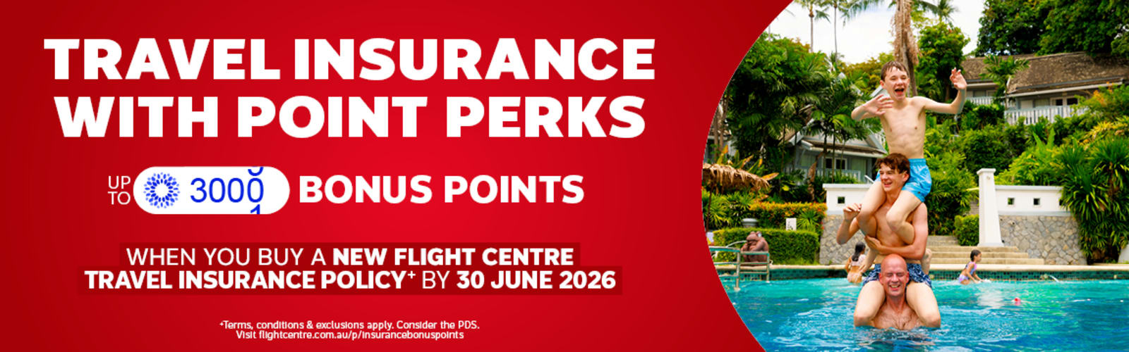 Travel insurance offer featuring up to 3000 bonus World360 Rewards points when buying a new Flight Centre Travel Insurance policy by 30 June 2026