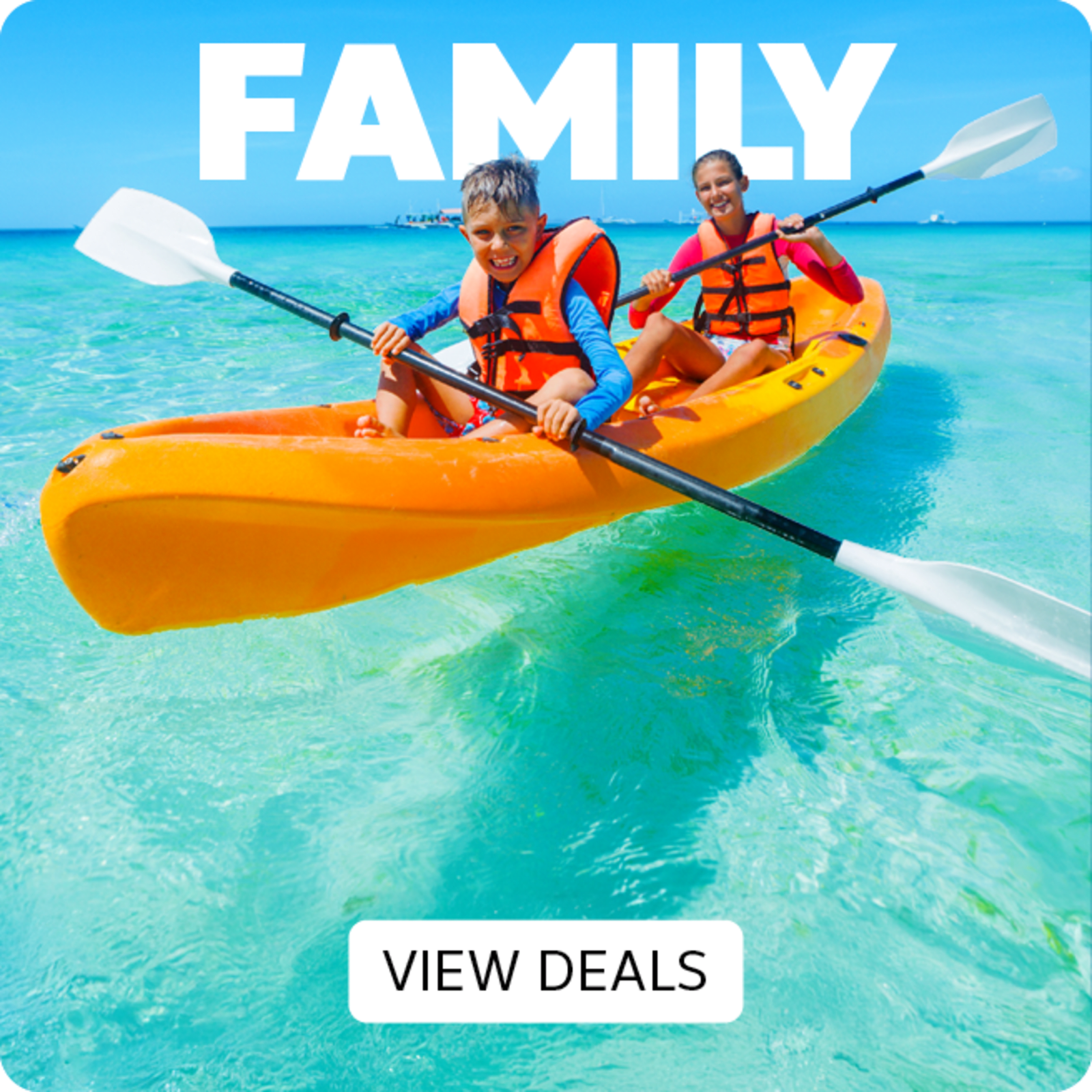 Family - view deals. Two children paddling in a kayak
