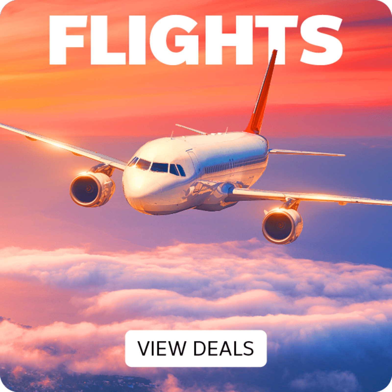 Flights - View Deals. Plane flying at sunset