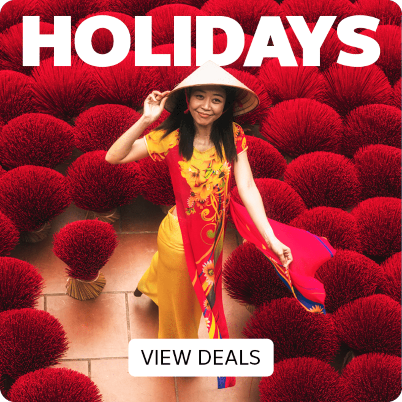 Holidays - view deals. Woman standing in a field of red incense sticks