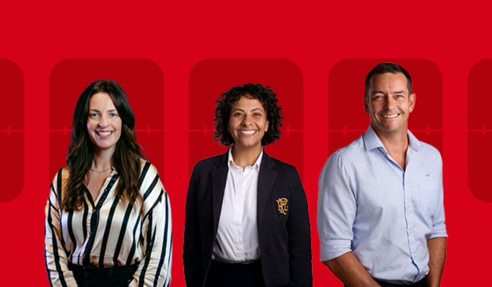 Three smiling business people on a dark red background