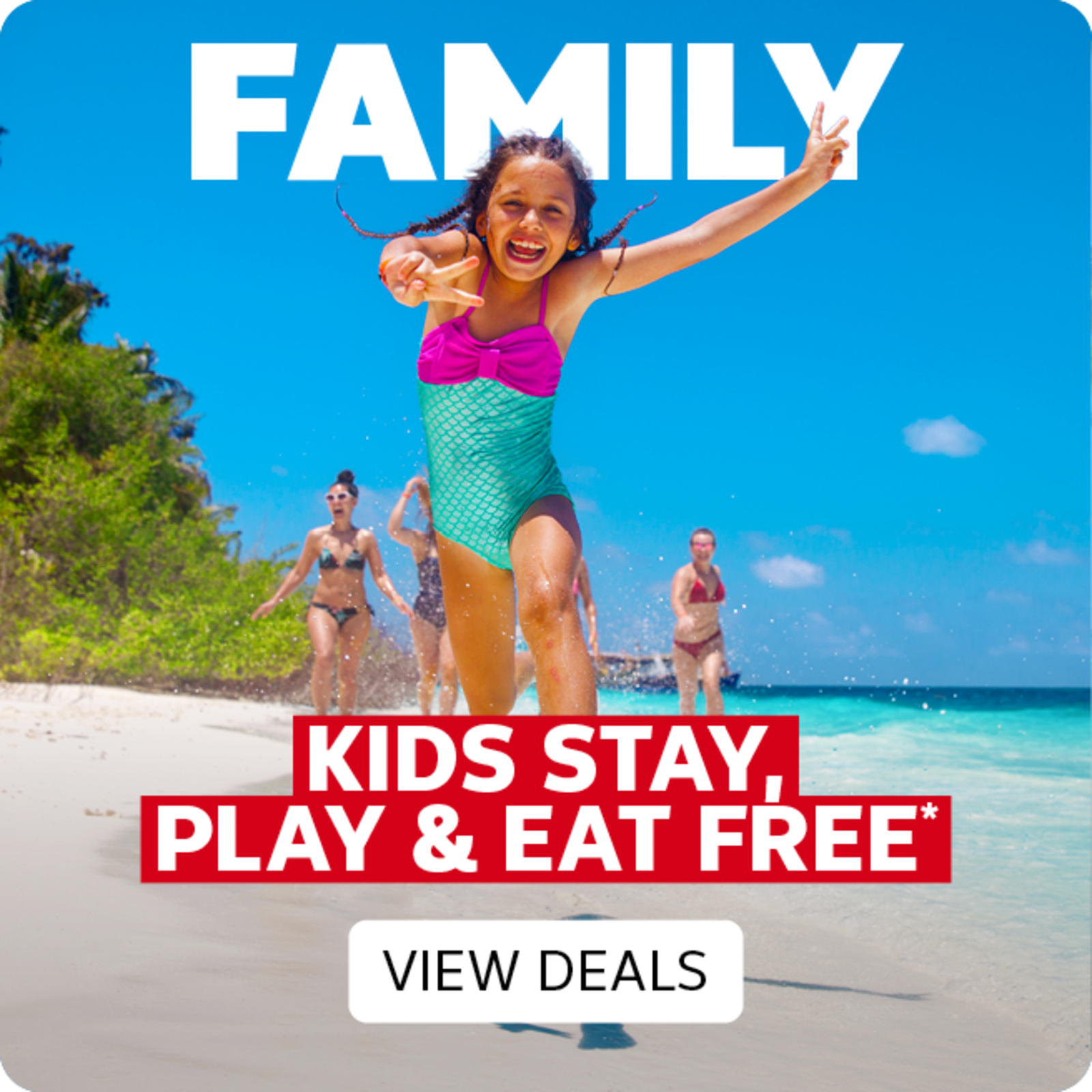 Family - kids stay & eat free* | View deals. Family laughing, running on a beach
