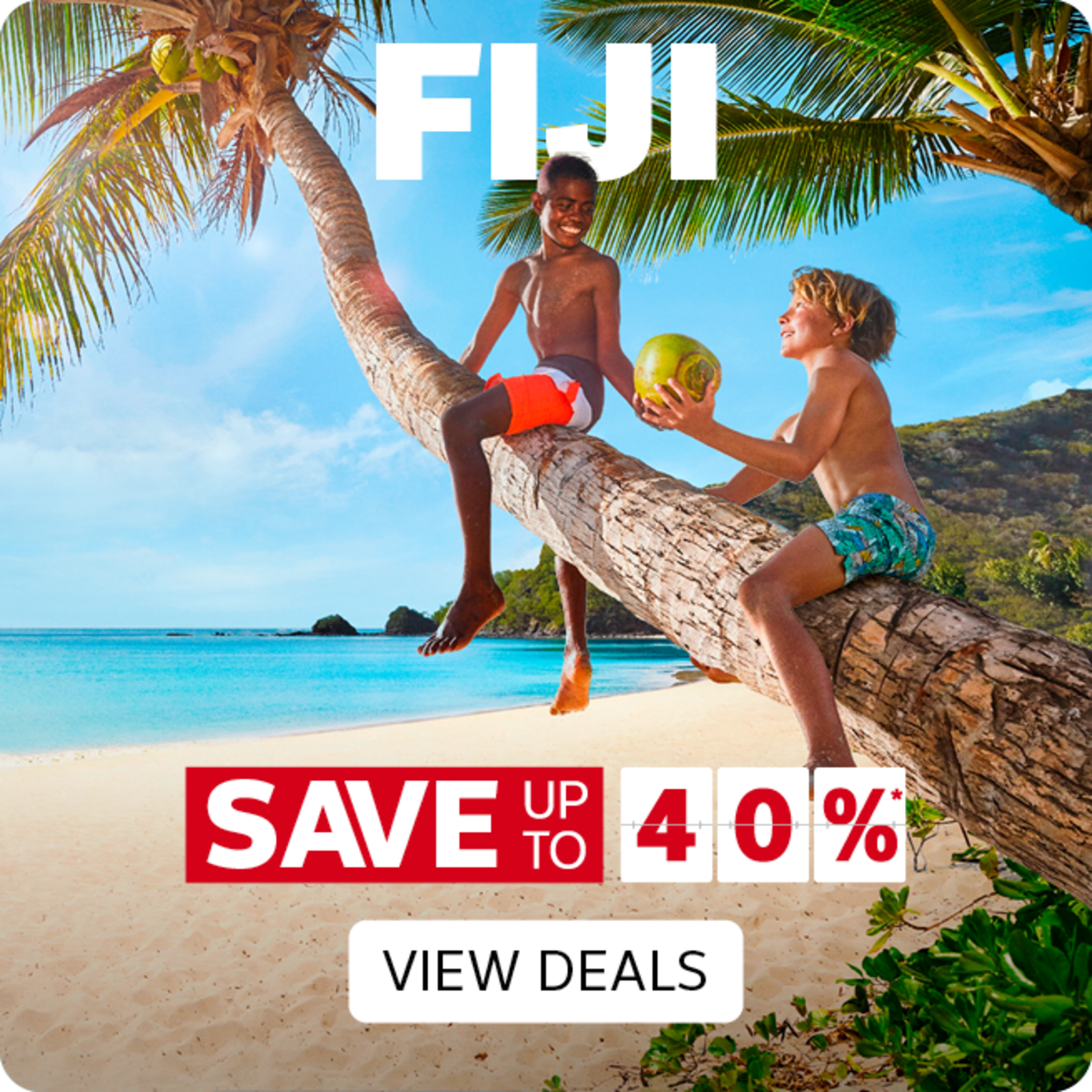 Fiji - Save up to 40%* | view deals. Two kids playing on a palm tree on a beach