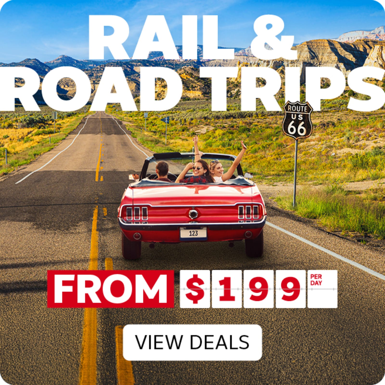 Rail & Road Trips - from $199* per day. View Deals | Red car driving down a straight highway