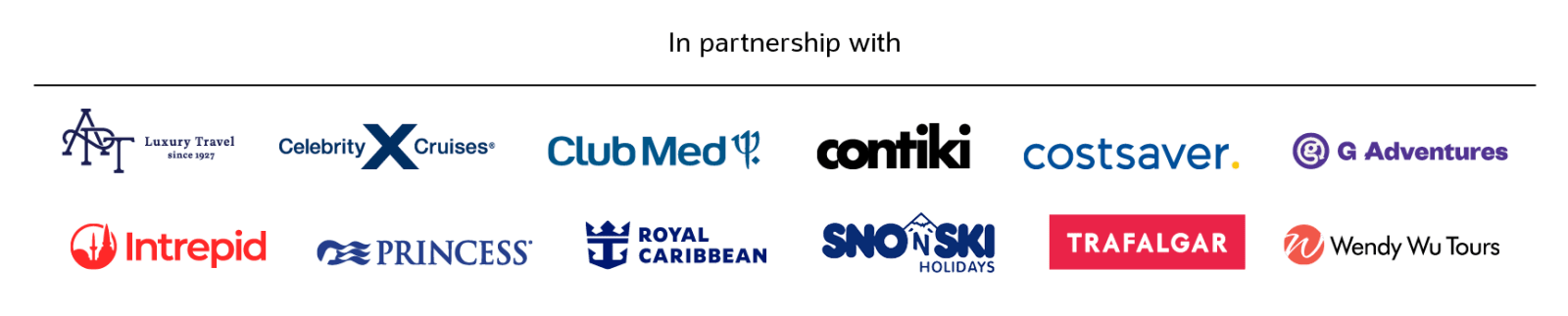 In partnership with | APT luxury travel, Celebrity Cruises, Club Med, Contiki, Costsaver, G-Adventures, Intrepid, Princess, Royal Caribbean, Sno n Ski Holidays, Trafalgar, Wendy Wu Tours