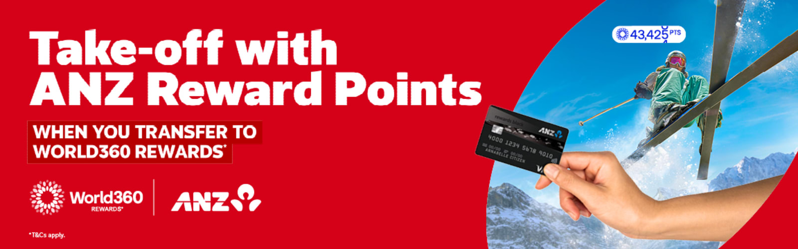 Skier jumping and a hand holding an ANZ bank card featuring take-off with ANZ reward points when you transfer to World360 rewards