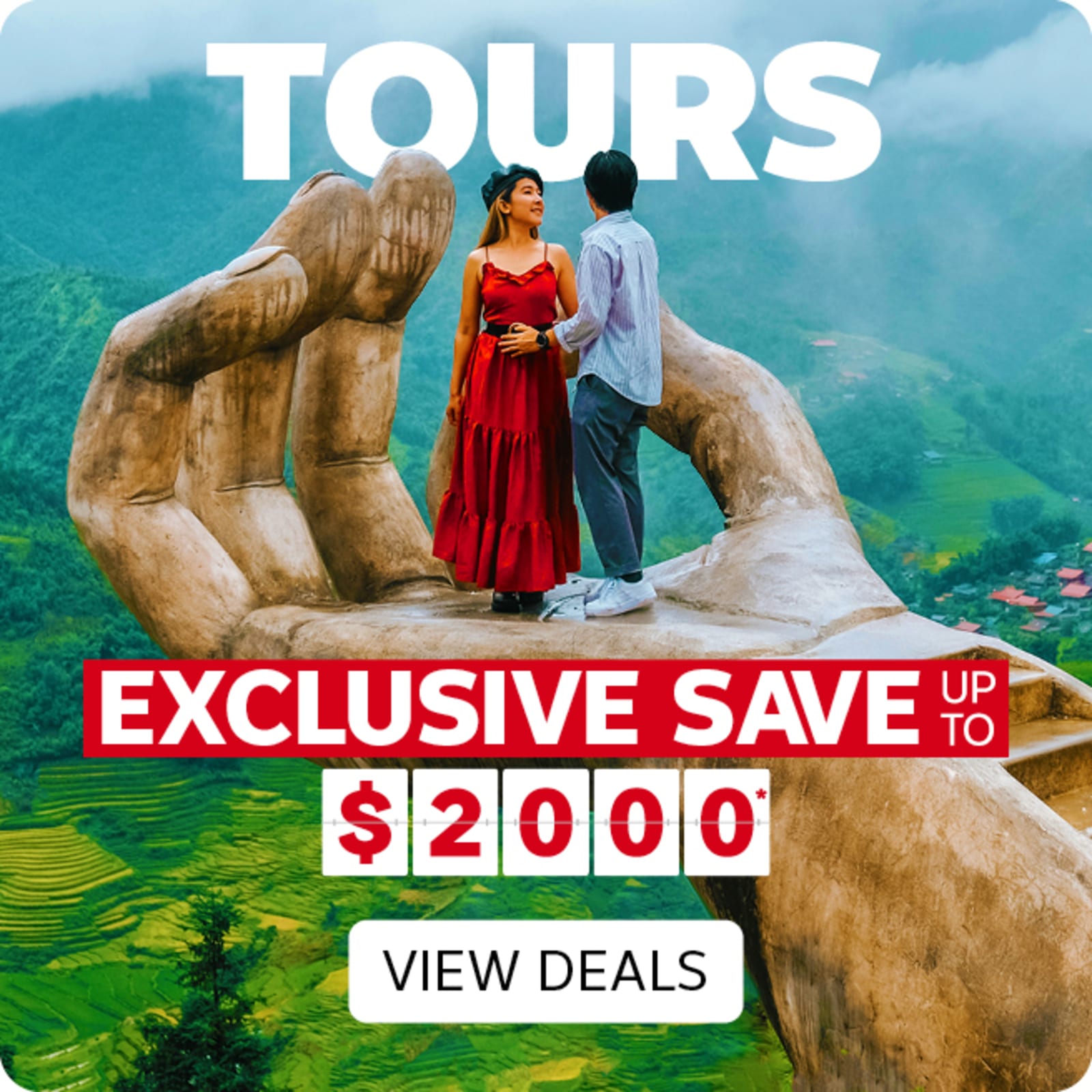 Tours | exclusive save up to $2000* - view deals. Couple standing on the giant Buddha hand in China