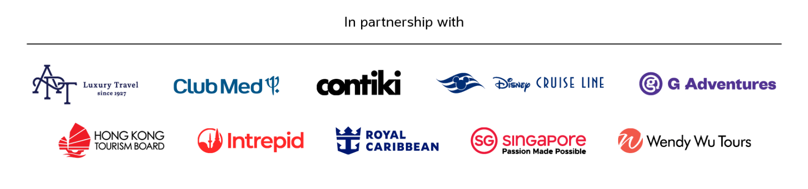 In partnership with | APT Luxury, Club Med, Contiki, Disney Cruise Line, G Adventures, Hong Kong Tourism Board, Intrepid, Royal Caribbean, Singapore, Wendy Wu Tours