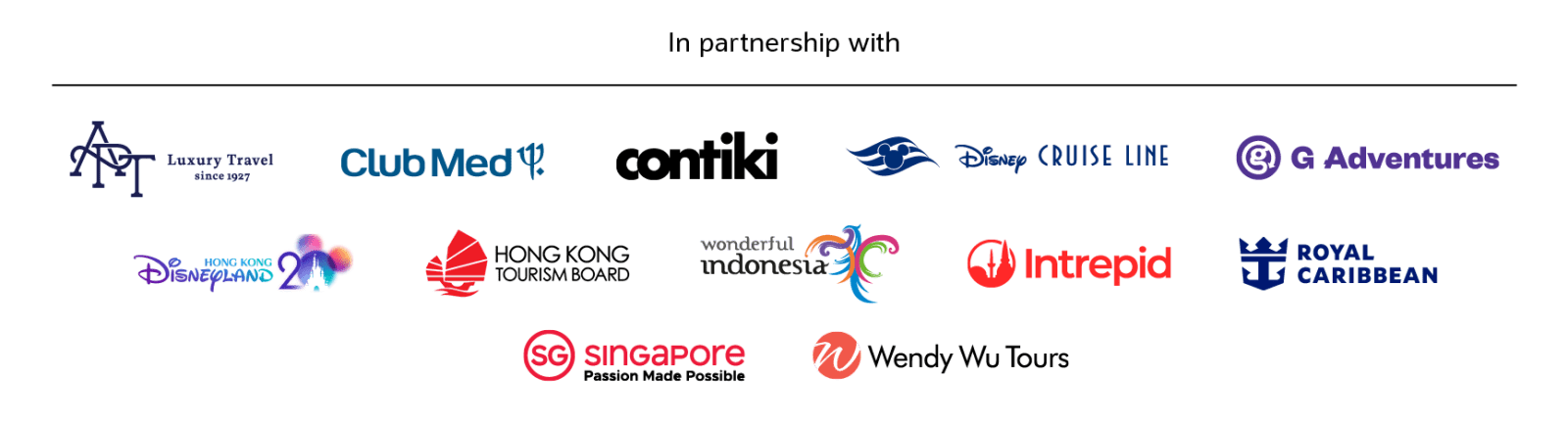 In partnership with | APT Luxury Travel, Club Med, Contiki, Disney Cruise Line, G Adventures, Disneyland Hong Kong, Hong Kong Tourism Board, Wonderful Indonesia, Intrepid, Royal Caribbean, Singapore, Wendy Wu Tours