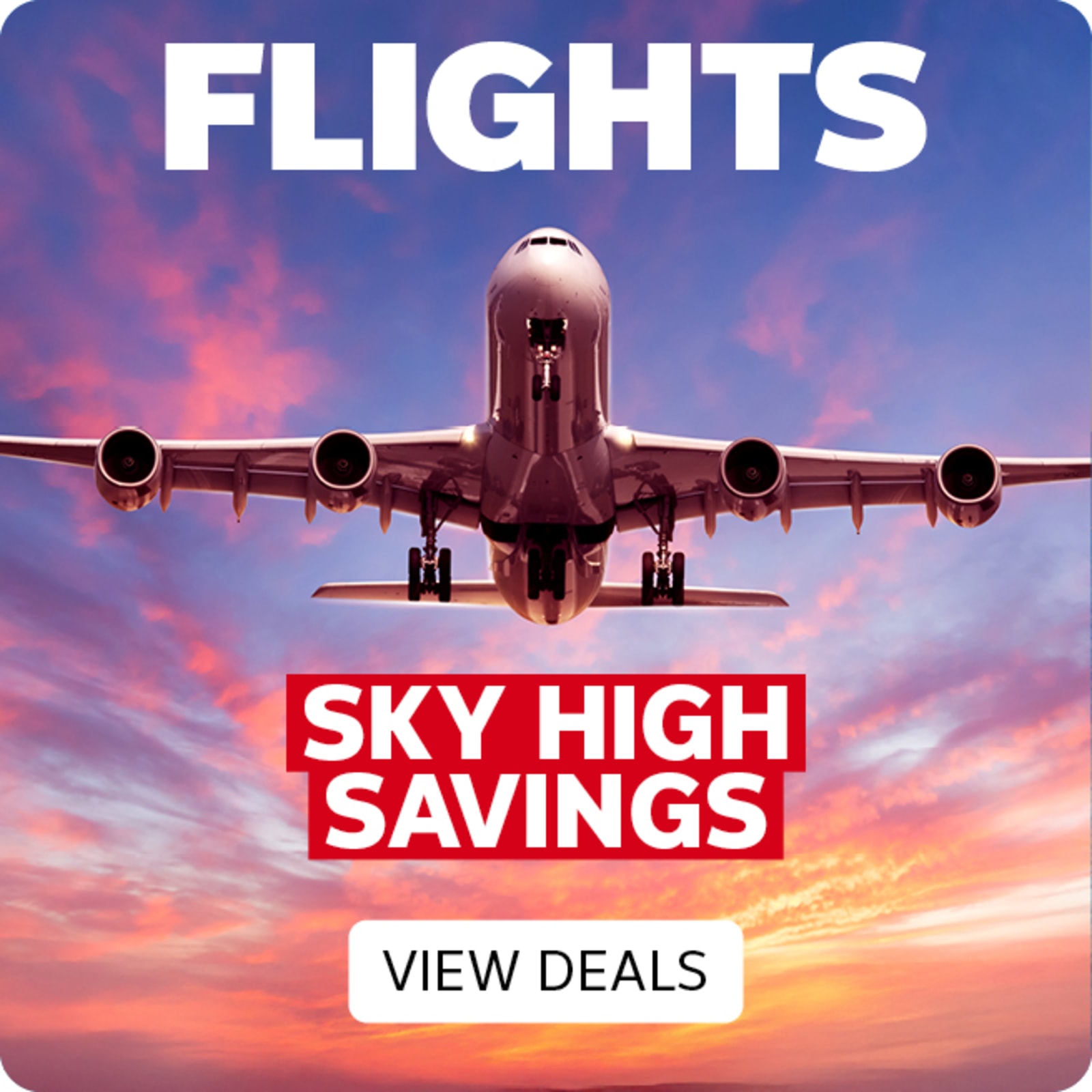 Font on shot of a plane flying at sunset featuring sky savings on flights