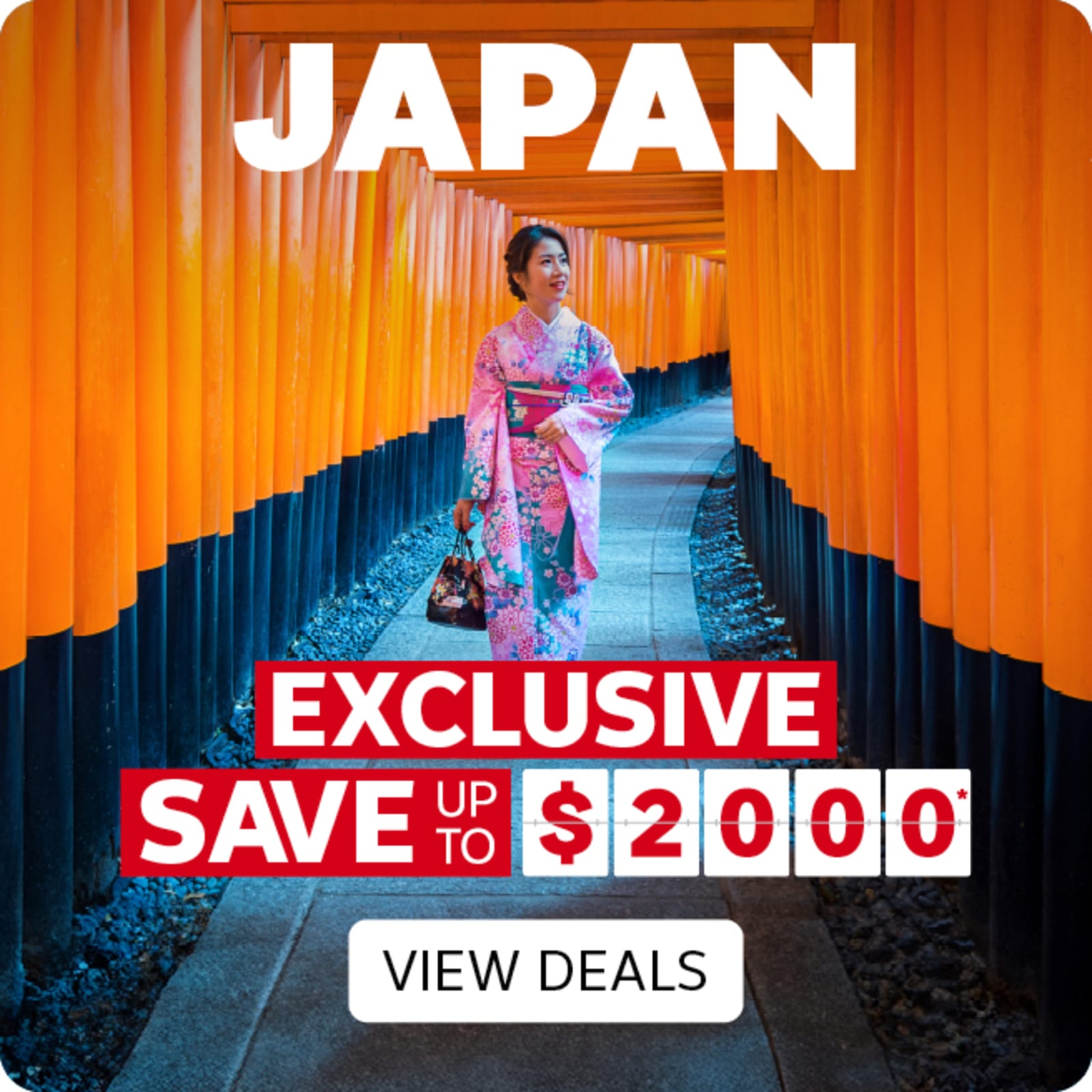 Woman in a pink kimono walking through dozens of Torii gates at a Japanese temple featuring savings up to $2000