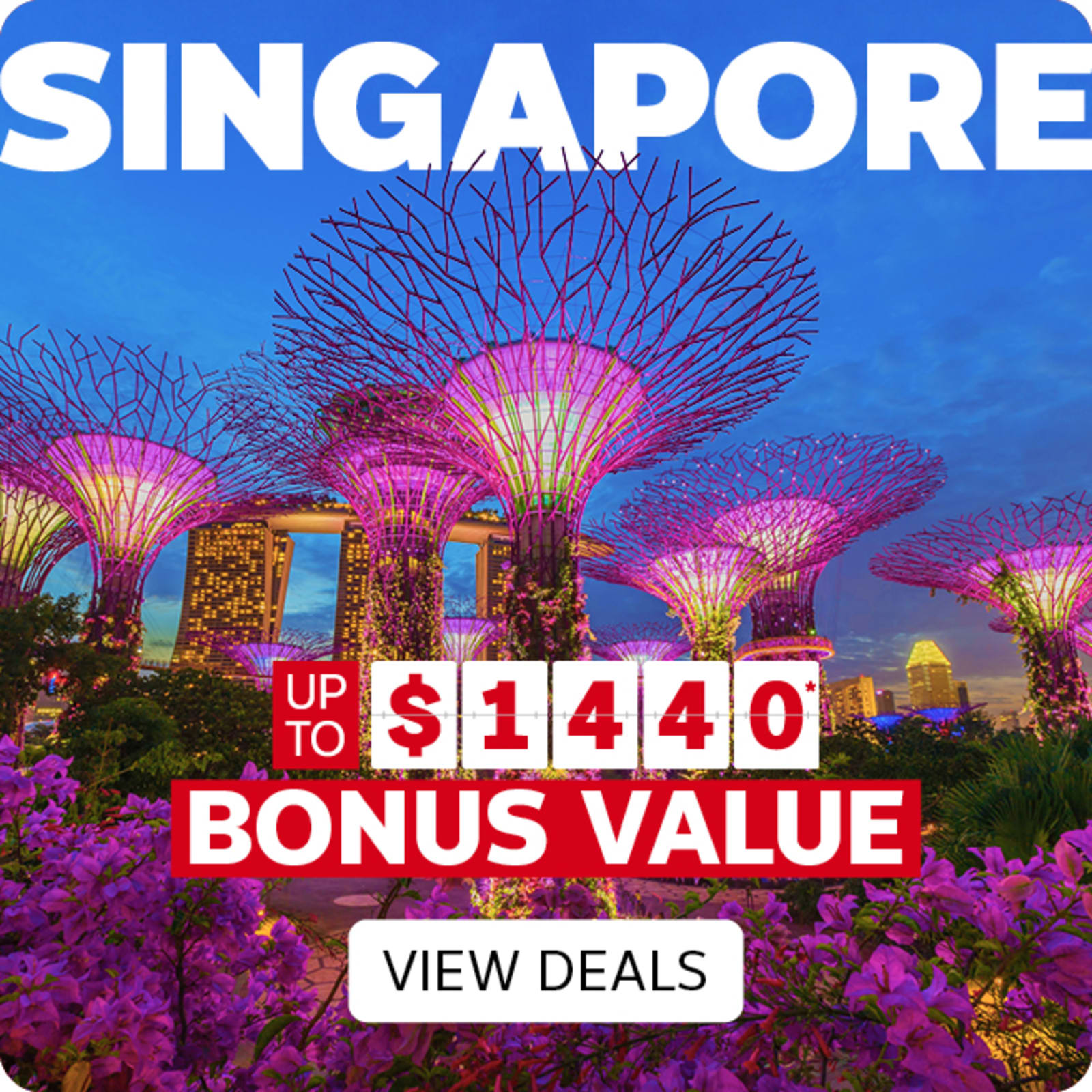 Gardens by the bay in Singapore lit by purple lights featuring up to $1440 bonus value on Singapore deals